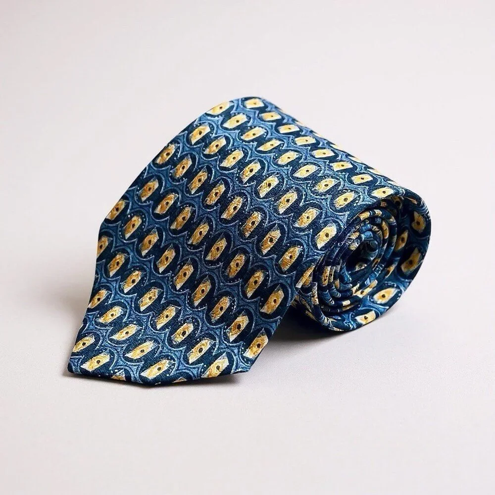 Ermenegildo Zegna Italian Silk Blue And Gold Geometric Mens Neck Tie
